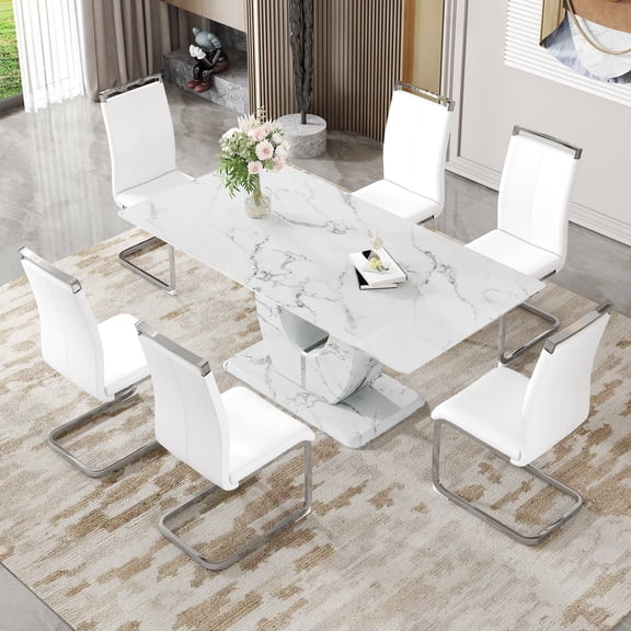JUFU 71" Modern Dining Table Set for 6, Faux Marble Dining Table with White PU Leather Chairs and Silver Legs, Elegant Dining Room Set for Kitchen & Living Room