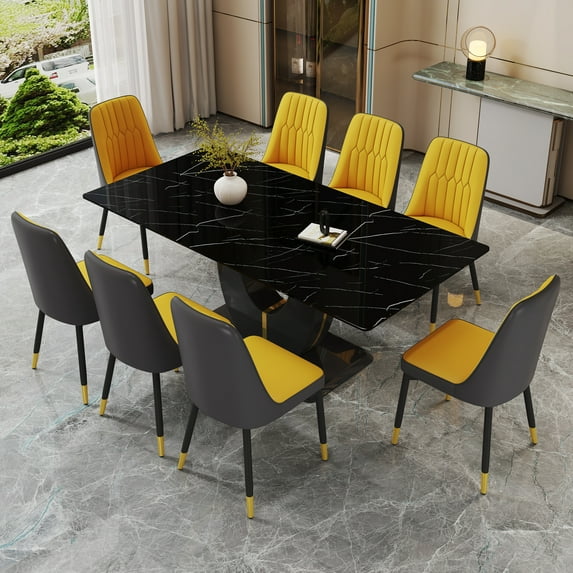 JUFU 71" Modern Dining Table Set for 8, Black Faux Marble Dining Table with PU Leather Chairs and Golden Legs, Luxury Dining Set for Kitchen & Living Room