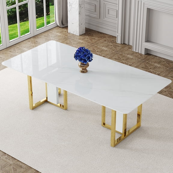 JUFU 78.7" Large White Faux Marble Dining Table for 8-10 People, Modern Rectangular Kitchen Table with 1.8" Thick MDF Tabletop and Stainless Steel Chrome Legs