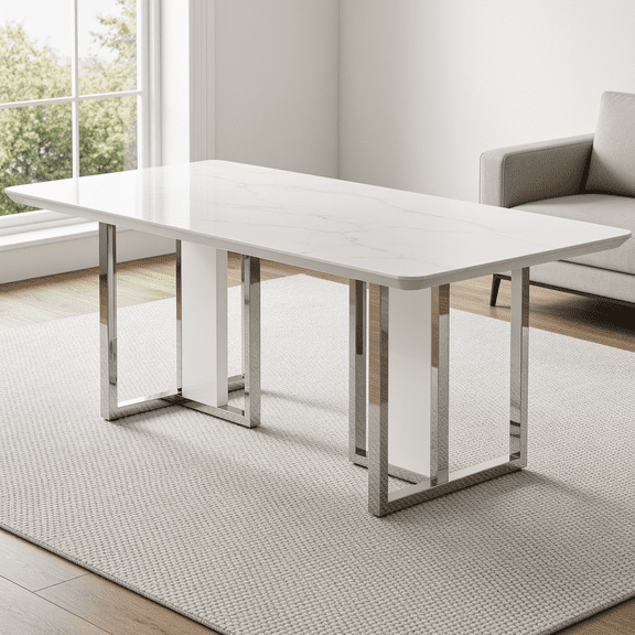 JUFU 78.7" Large White Faux Marble Dining Table for 8-10 People, Modern Rectangular Kitchen Table with 1.8" Thick MDF Tabletop and Stainless Steel Chrome Legs