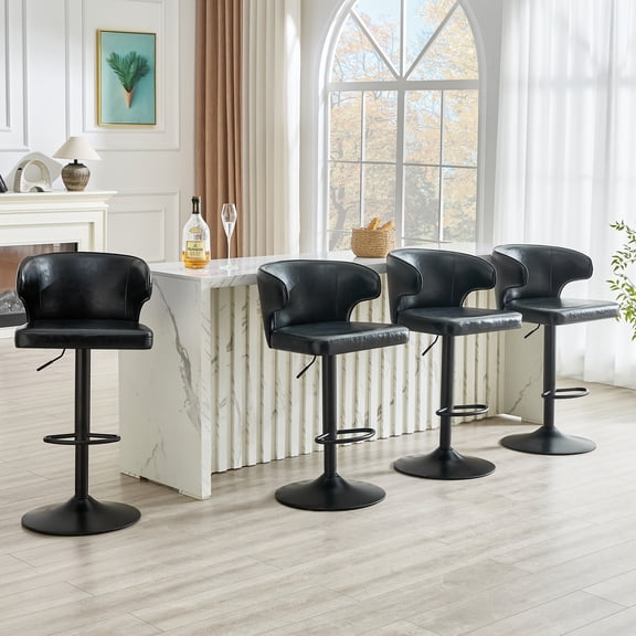 JUFU Bar Stools Set of 4 Adjustable Swivel Bar Stools with Back and Arms, Faux Leather Counter Height Bar Chairs, Hydraulic Kitchen Island Stools with Metal Base