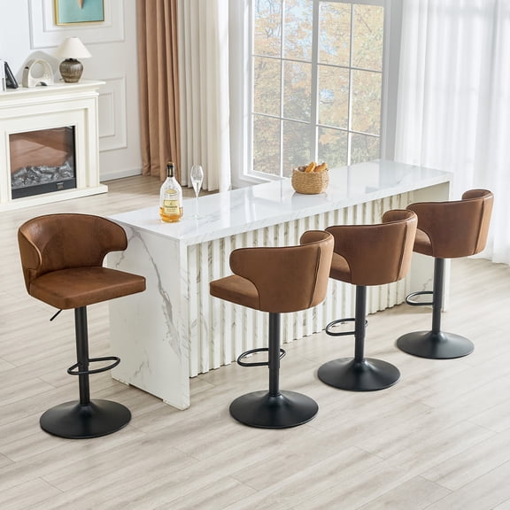 JUFU Bar Stools Set of 4 Adjustable Swivel Bar Stools with Back and Arms, Faux Leather Counter Height Bar Chairs, Hydraulic Kitchen Island Stools with Metal Base