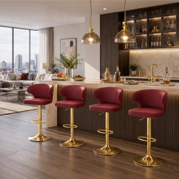 JUFU Bar Stools Set of 4 Adjustable Swivel Bar Stools with Back and Arms, Faux Leather Counter Height Bar Chairs, Hydraulic Kitchen Island Stools with Metal Base