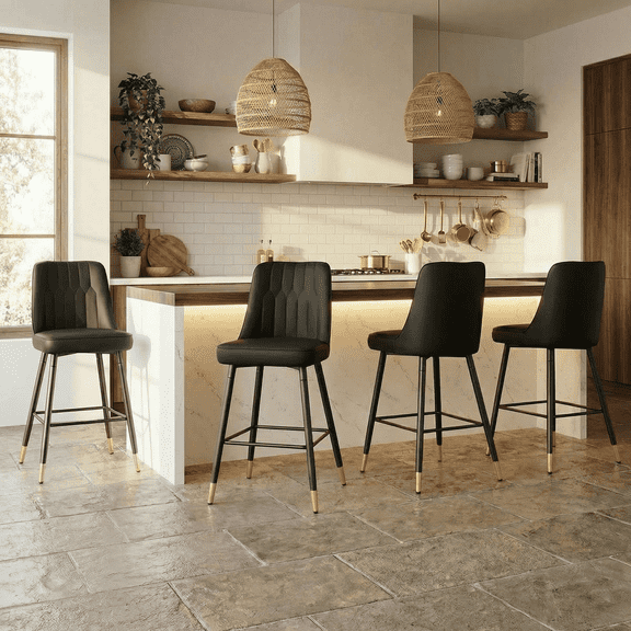 JUFU Bar Stools Set of 4, Counter Height Bar Stools with Back, Modern Faux Leather Kitchen Island Chairs, 27" Black Metal Frame for Kitchen
