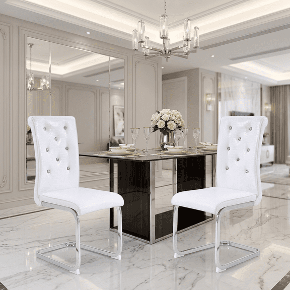 JUFU Dining Chairs Set of 2, Faux Crocodile Leather Upholstered Chairs with Crystal Button Tufted Back, Modern Cantilever Dining Room Chairs, Chrome Metal Legs