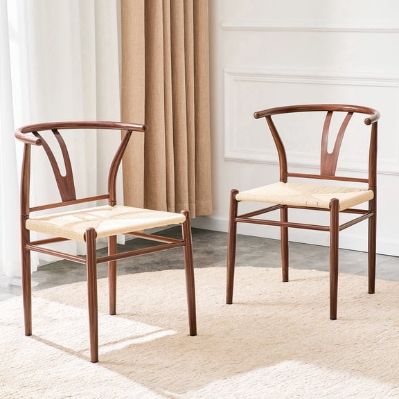 JUFU Dining Chairs Set of 2, Y Back Dining Chairs with Linen Seat, Metal Frame Wishbone Style Kitchen Chairs, Mid Century Modern Accent Chairs for Dining Room