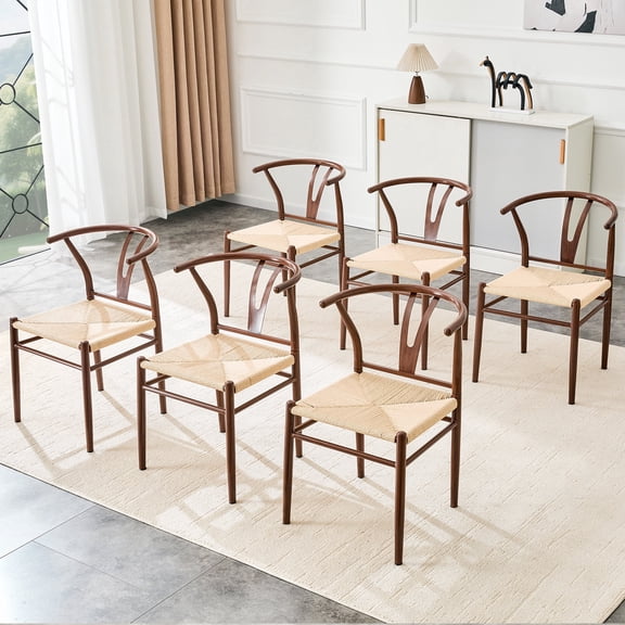 JUFU Dining Chairs Set of 6, Y Back Dining Room Chairs with Linen Upholstered Seat, Metal Frame Wishbone Style Kitchen Chairs, Mid Century Modern Armless Dining Chairs for Large Dining Table