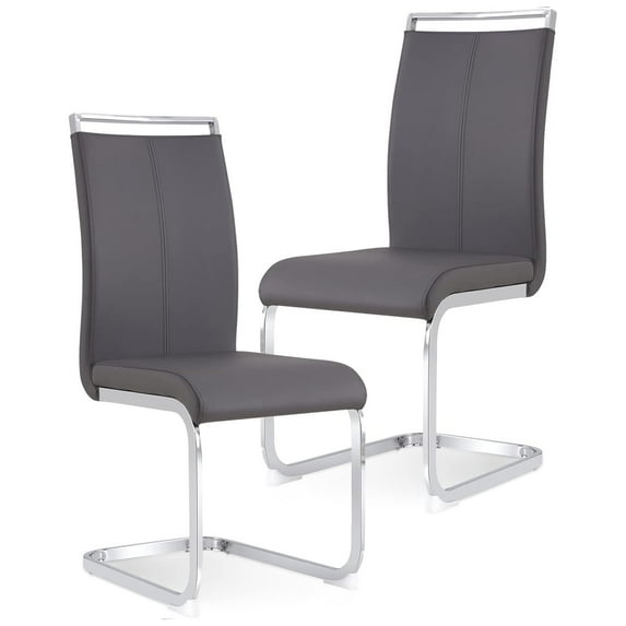 JUFU Dining Chairs Set of 2, Modern Side Chairs with Faux Leather Upholstered Seat and Chrome Base for Dining, Kitchen, Living Room,Gray