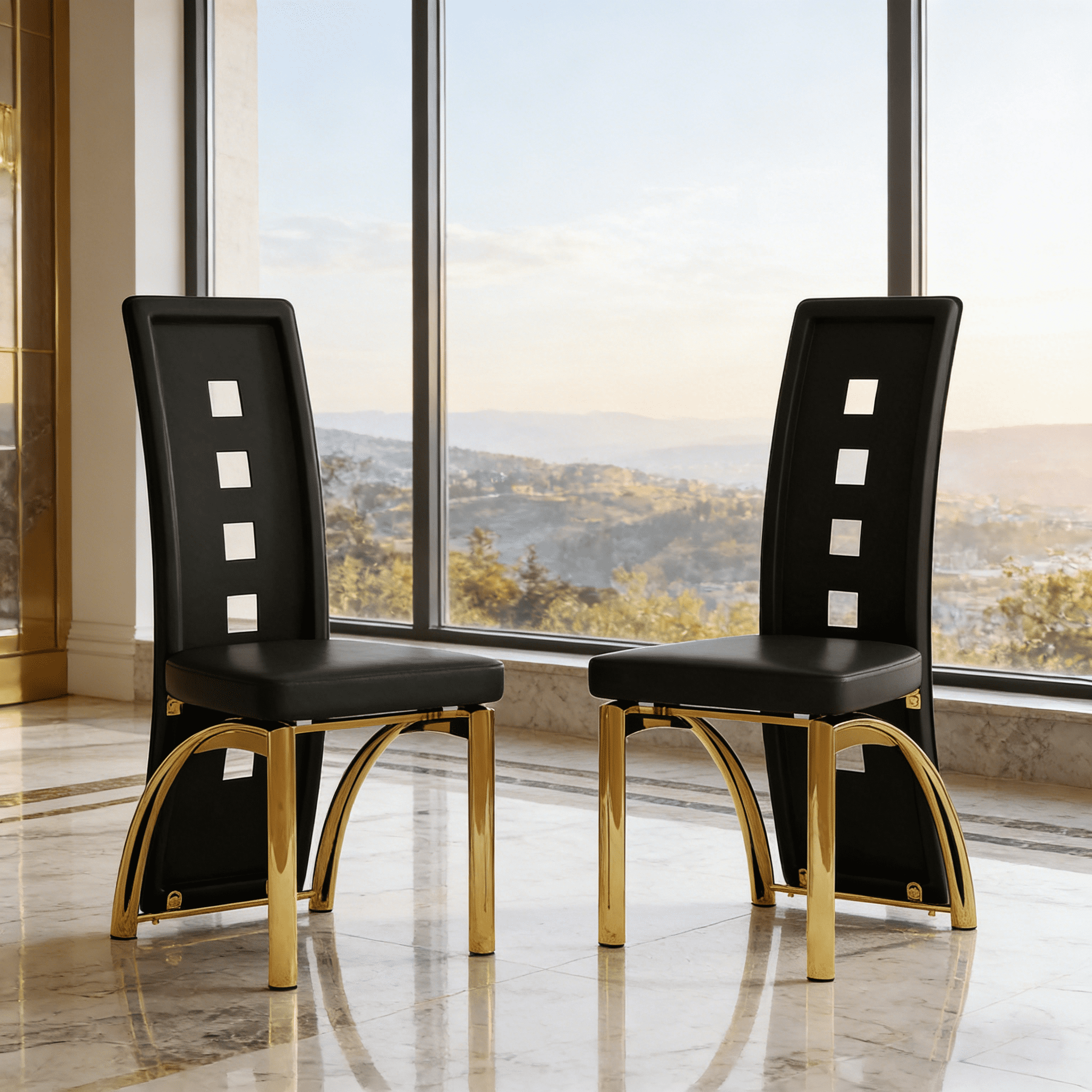 JUFU Set of 2 Black Faux Leather Dining Chairs with Gold Metal Legs ...
