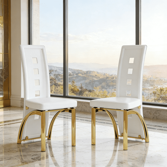 JUFU Dining Chairs Set of 2, Upholstered Kitchen Chairs with Faux Leather Cushion and Metal Legs, White and Gold