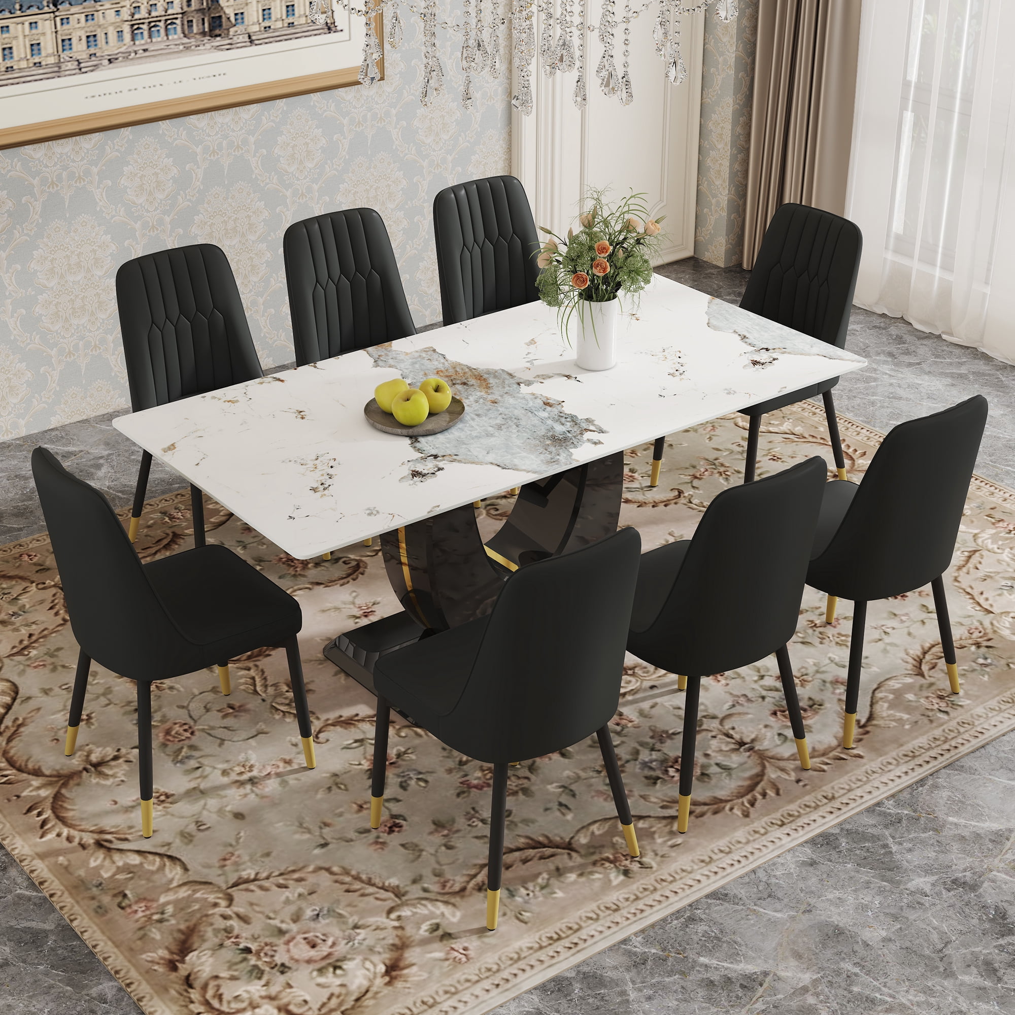 JUFU Dining Room Table Set for 8, 71'' Pandora Black Faux Marble Dining ...