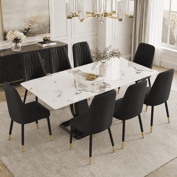 JUFU Dining Room Table Set for 8, 71'' Pandora Black Faux Marble Dining Room Table and Chairs, 8 Person Dining Table with PU Upholstered Chairs, Modern Kitchen Table and Chair Set for Dining Room