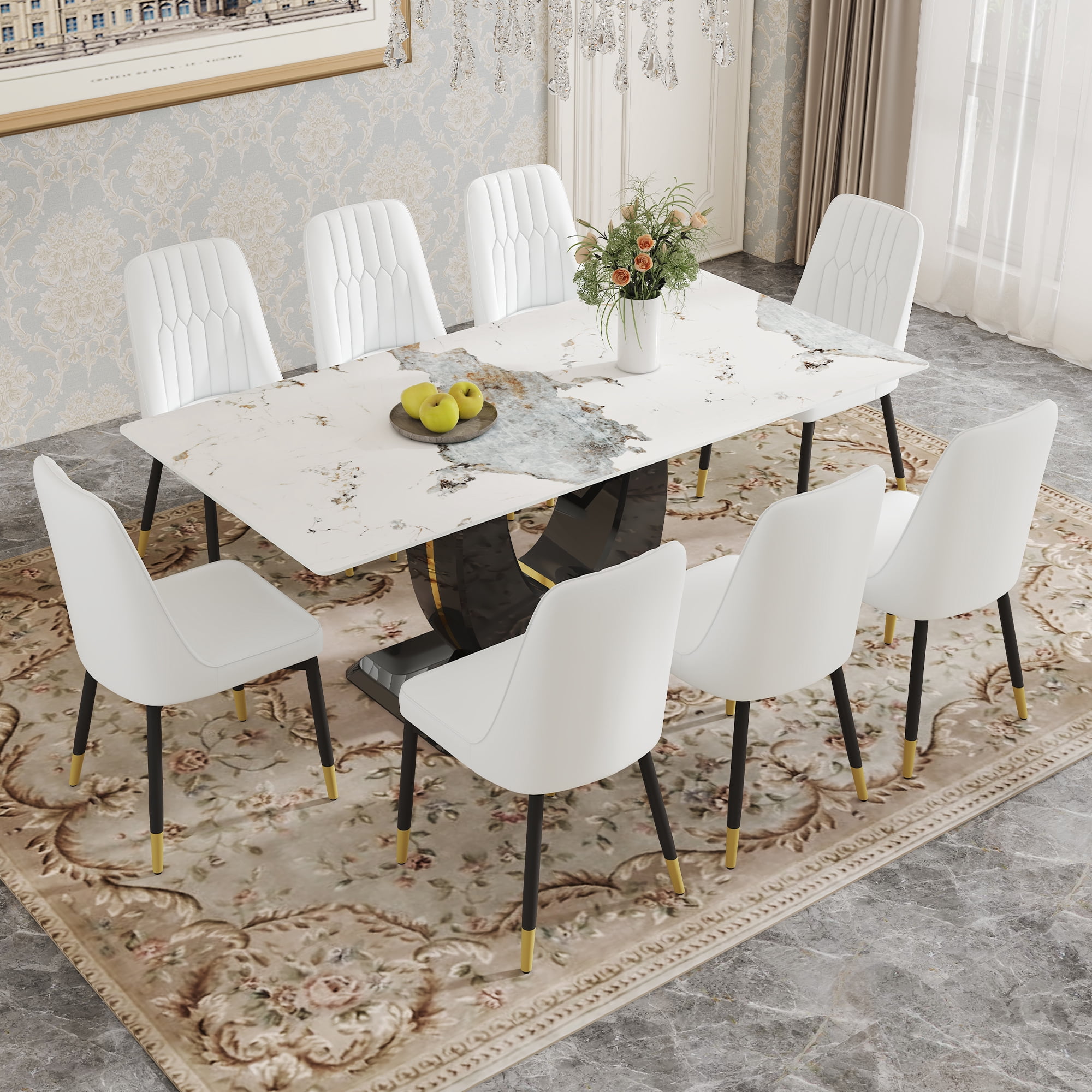 JUFU Dining Room Table Set for 8, 71'' Pandora Black Faux Marble Dining ...