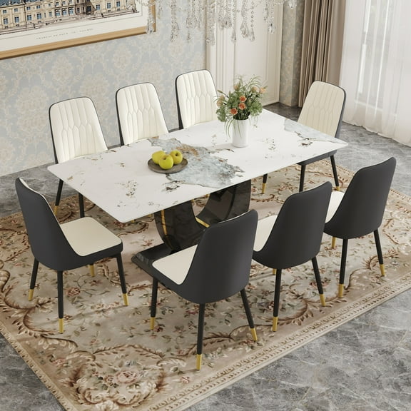 JUFU Dining Room Table Set for 8, 71'' Pandora Black Faux Marble Dining Room Table and Chairs, 8 Person Dining Table with PU Upholstered Chairs, Modern Kitchen Table and Chair Set for Dining Room