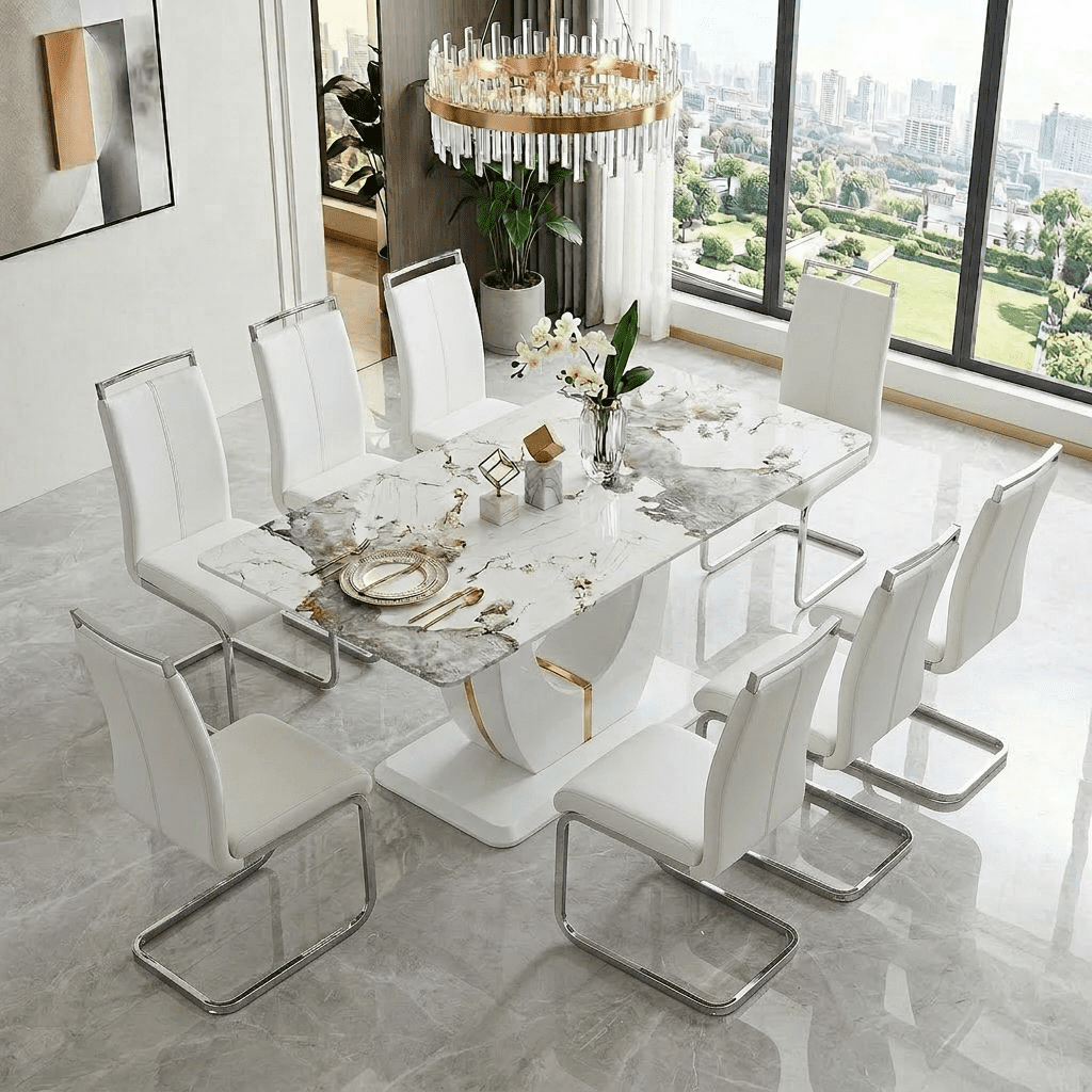 JUFU Dining Room Table Set for 8, 71'' Pandora White Faux Marble Dining ...