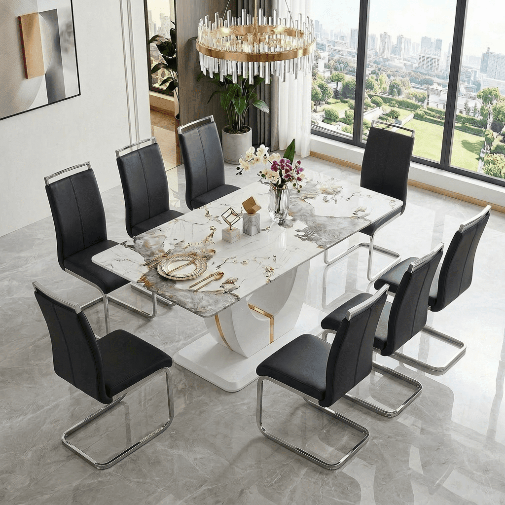 JUFU Dining Room Table Set for 8, 71'' Pandora White Faux Marble Dining ...