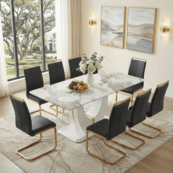 JUFU Dining Room Table Set for 8, 71'' Pandora White Faux Marble Dining Room Table and Chairs, Dining Tables for 8 with PU Upholstered Chairs, Modern Dining Table for 8 for Dining Room and Kitchen