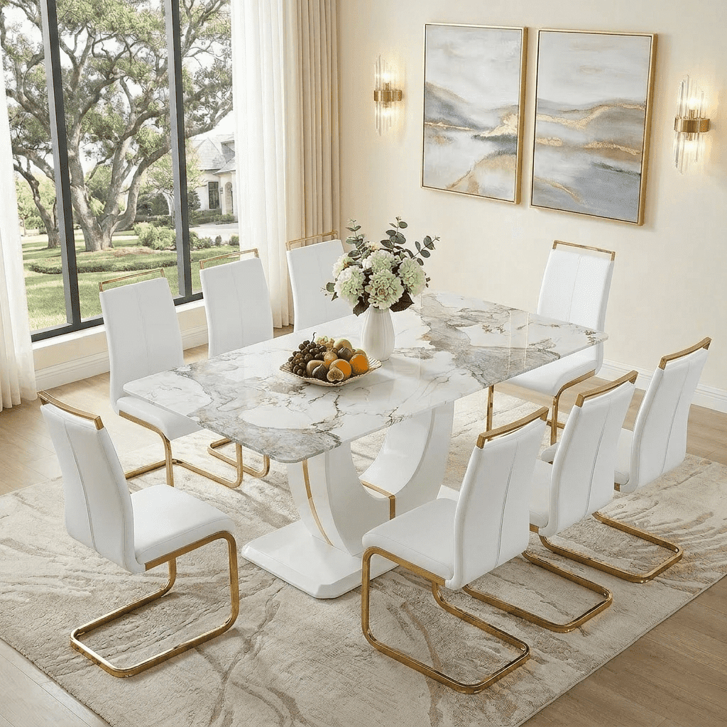 JUFU Dining Room Table Set for 8, 71'' Pandora White Faux Marble Dining ...