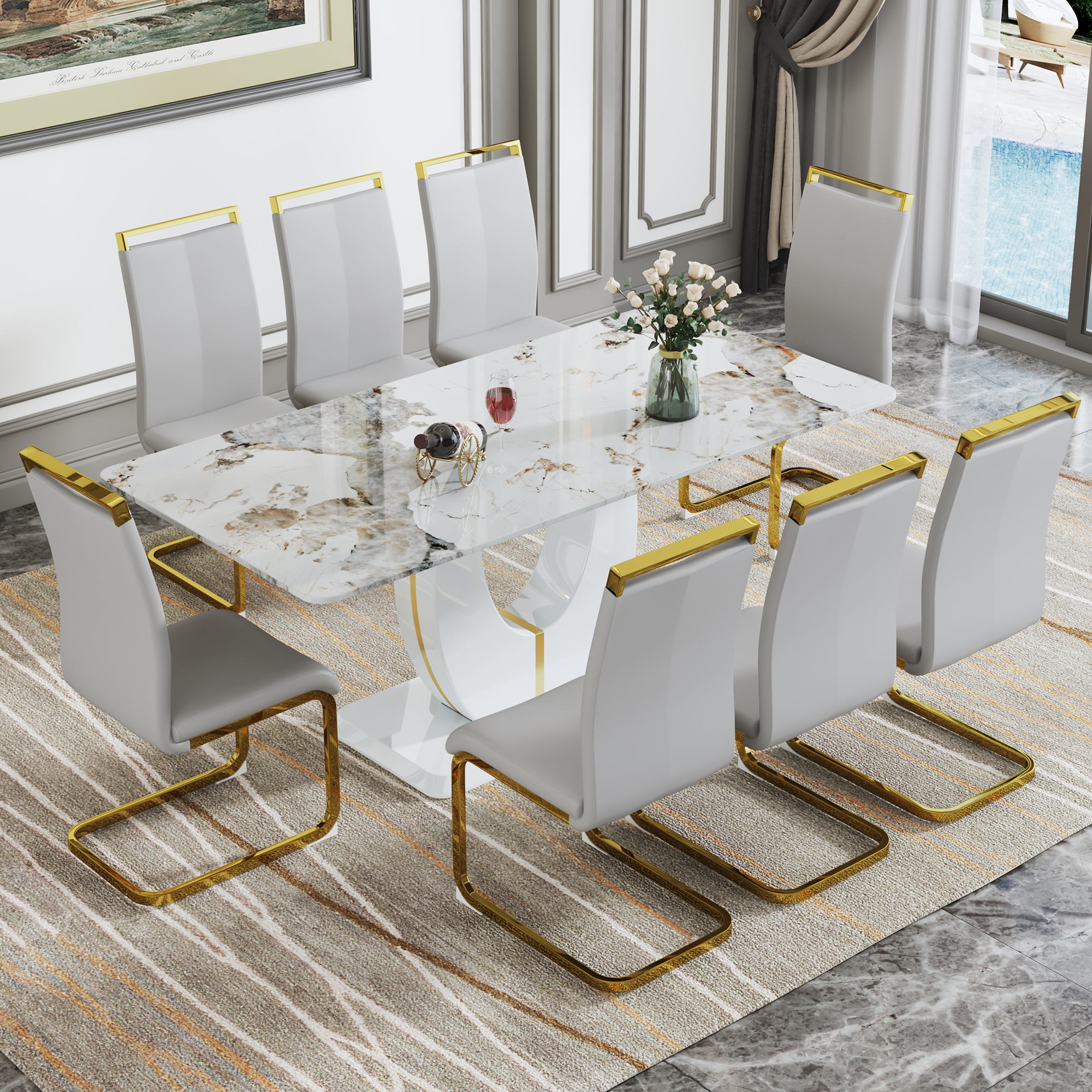 JUFU Dining Room Table Set for 8, 71'' Pandora White Faux Marble Dining ...
