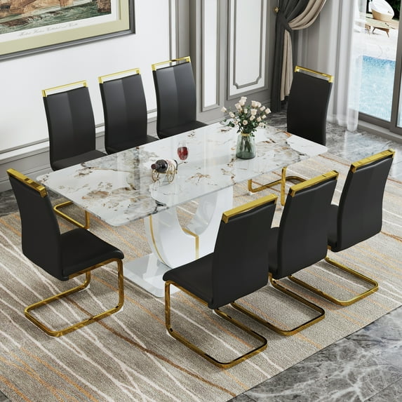 JUFU Dining Room Table Set for 8, 71'' Pandora White Faux Marble Dining Room Table and Chairs, Dining Tables for 8 with PU Upholstered Chairs, Modern Dining Table for 8 for Dining Room and Kitchen