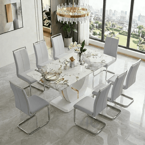 JUFU Dining Room Table Set for 8, 71'' Pandora White Faux Marble Dining Room Table and Chairs, Dining Tables for 8 with PU Upholstered Chairs, Modern Dining Table for 8 for Dining Room and Kitchen