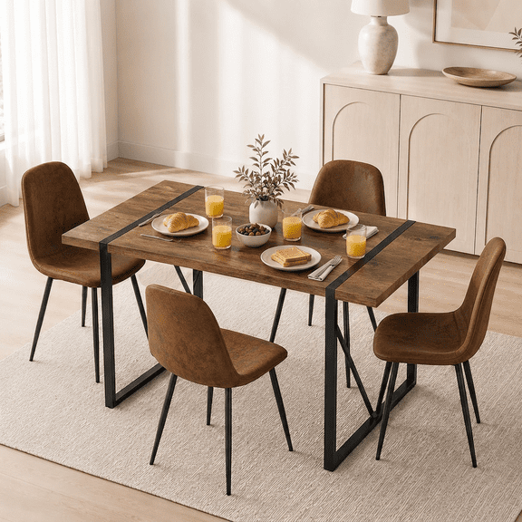 JUFU Dining Table Set for 4, Modern 55'' Dark Wood Dining Table and Fabric Dining Chairs Set of 4,Table and Chairs Set of 4,Ideal for Kitchen Dining Room