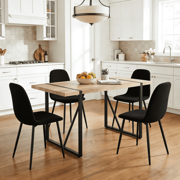 JUFU Dining Table Set for 4, Modern 55'' Wood Dinette Table Set for 4 with Black Fabric Dining Chairs,Table and Chairs Set of 4,Ideal for Kitchen Dining Room