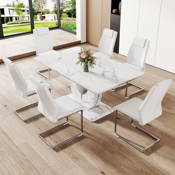 JUFU Dining Table Set for 6, 63'' White Faux Marble Dining Table with 6 Chairs, Modern Dining Room Table Set with PU Upholstered Chairs, Sturdy and Easy Assembly