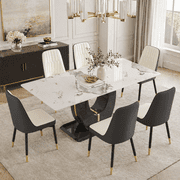 JUFU Dining Table Set for 6, 71 White Marble Dining Table and Chairs, Modern Kitchen Table Set for 6,with 6 White&Gray PU Leather Upholstered Dining Chairs, Dinner Table Set for Dining Room