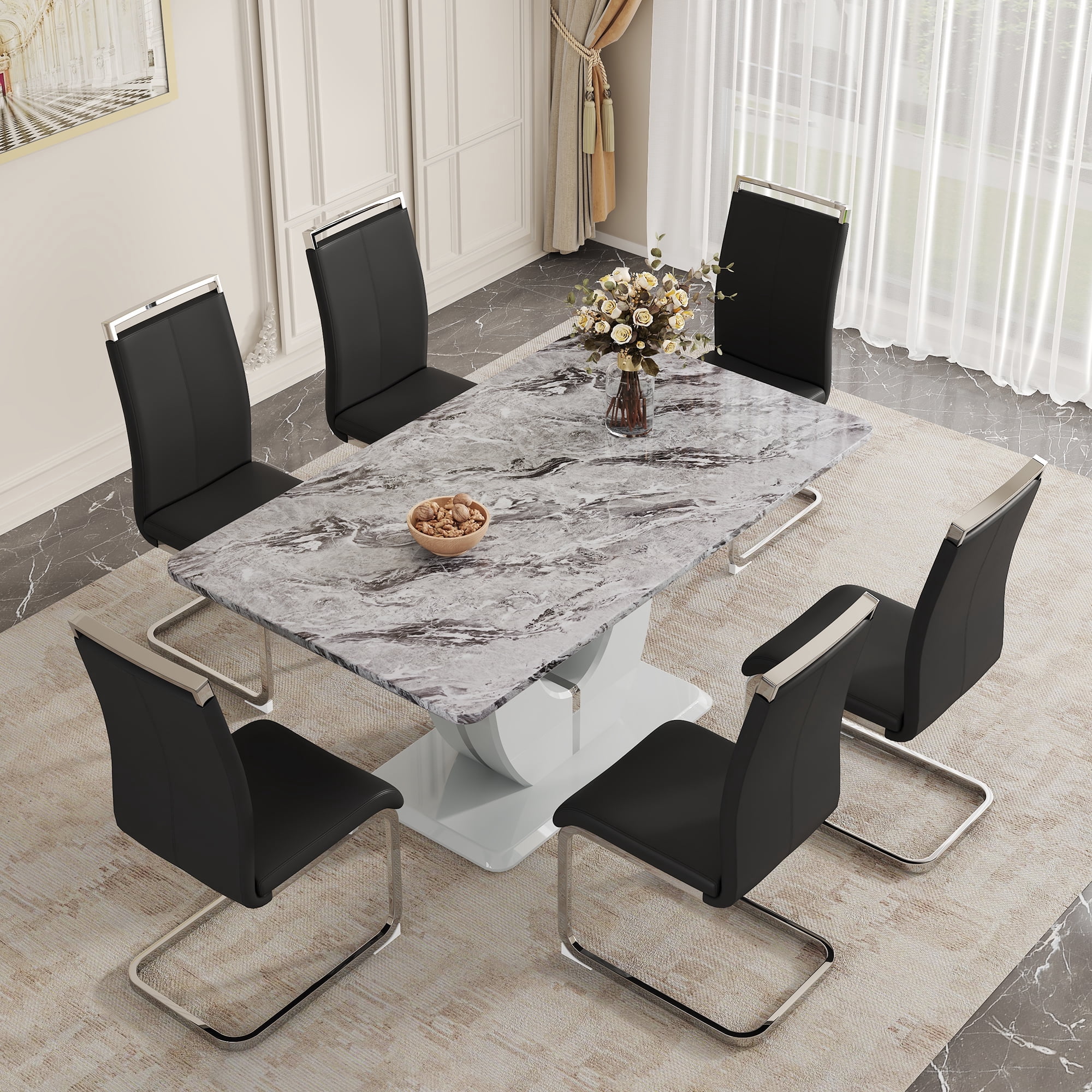 JUFU Dining Table Set for 6, Faux Marble Table and Chairs Set of 6 ...