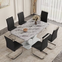 JUFU Dining Table Set for 6, Faux Marble Table and Chairs Set of 6, Modern Dining Room Table Set for 6, Rectangle Gray Dining Table Set for 6 with Pu Leather Black Chairs, Ideal for Dining Room