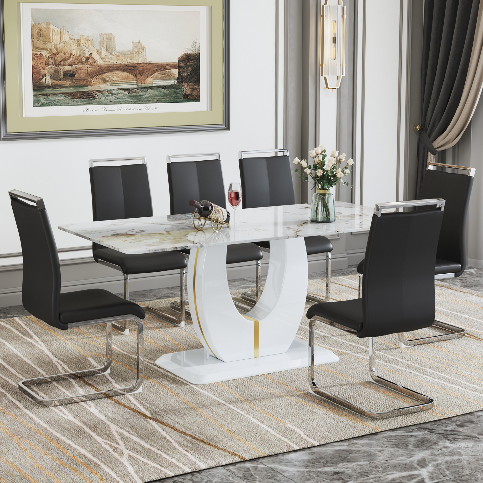 JUFU Dining Table Set for 6,Marble Dining Table Set with Faux Marble ...