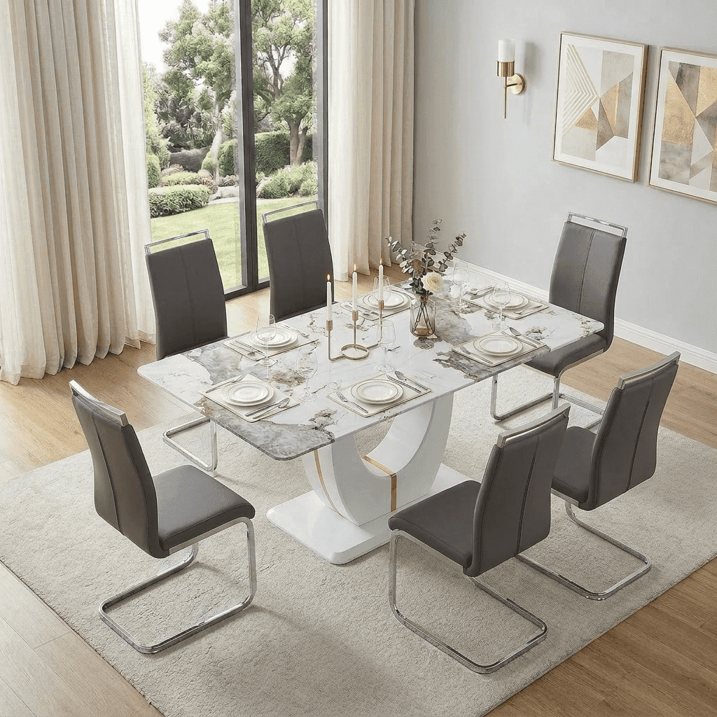 JUFU Dining Table Set for 6,Marble Dining Table Set with Faux Marble ...
