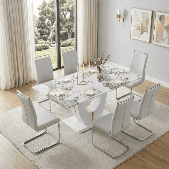 JUFU Dining Table Set for 6,Marble Dining Table Set with Faux Marble Table Top,Modern Dining Room Table Set for 6,Dining Table and Light Gray PU Leather Chairs with Golden Legs for Kitcken