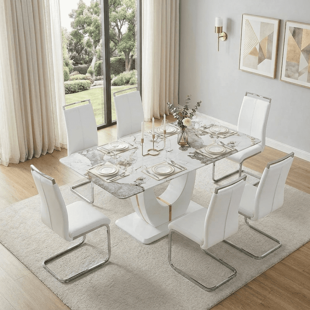 JUFU Dining Table Set for 6,Marble Dining Table Set with Faux Marble ...