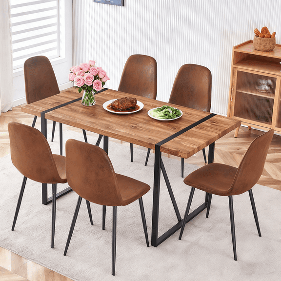 JUFU Dining Table Set for 6, Modern 55'' Dark Wood Dining Table and Fabric Dining Chairs Set of 6,Table and Chairs Set of 6,Ideal for Kitchen Dining Room