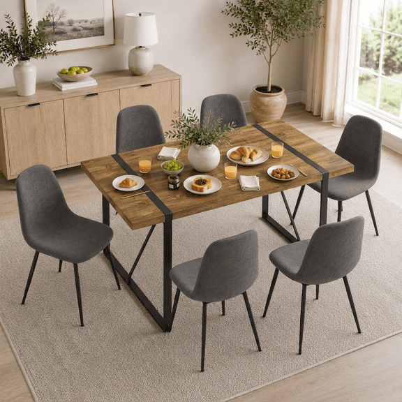 JUFU Dining Table Set for 6, Modern 55'' Dark Wood Dining Table and Fabric Dining Chairs Set of 6,Table and Chairs Set of 6,Ideal for Kitchen Dining Room