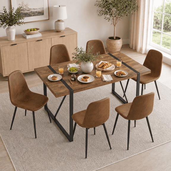 JUFU Dining Table Set for 6, Modern 55'' Dark Wood Dining Table and Fabric Dining Chairs Set of 6,Table and Chairs Set of 6,Ideal for Kitchen Dining Room