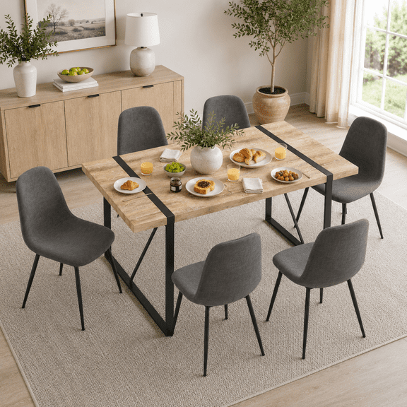 JUFU Dining Table Set for 6, 55" Kitchen Table with 6 Upholstered Chairs, Modern Wood Dining Room Table Set with Metal Frame