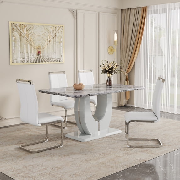 JUFU Dinner Table Set for 4, 63'' Grey Faux Marble Dining Room Table Set for 4 with PU Upholstered Chairs, Modern Rectangle Kitchen Table Chairs Set of 4, Ideal for Kitchen, Sturdy and Easy Assembly
