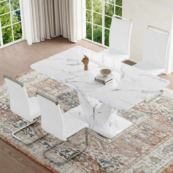 JUFU Modern 5-Piece 63″ White Faux Marble Dining Table Set for 4, Rectangle Dining Room Table & 4 PU Leather Chairs