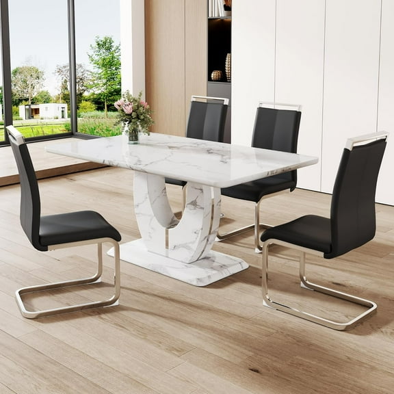 JUFU Modern 5-Piece 63″ White Faux Marble Dining Table Set for 4, Rectangle Dining Room Table & 4 PU Leather Chairs