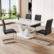JUFU Modern 5-Piece 63  White Faux Marble Dining Table Set for 4, Rectangle Dining Room Table & 4 PU Leather Chairs