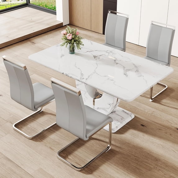 JUFU Modern 5-Piece 63″ White Faux Marble Dining Table Set for 4, Rectangle Dining Room Table & 4 PU Leather Chairs