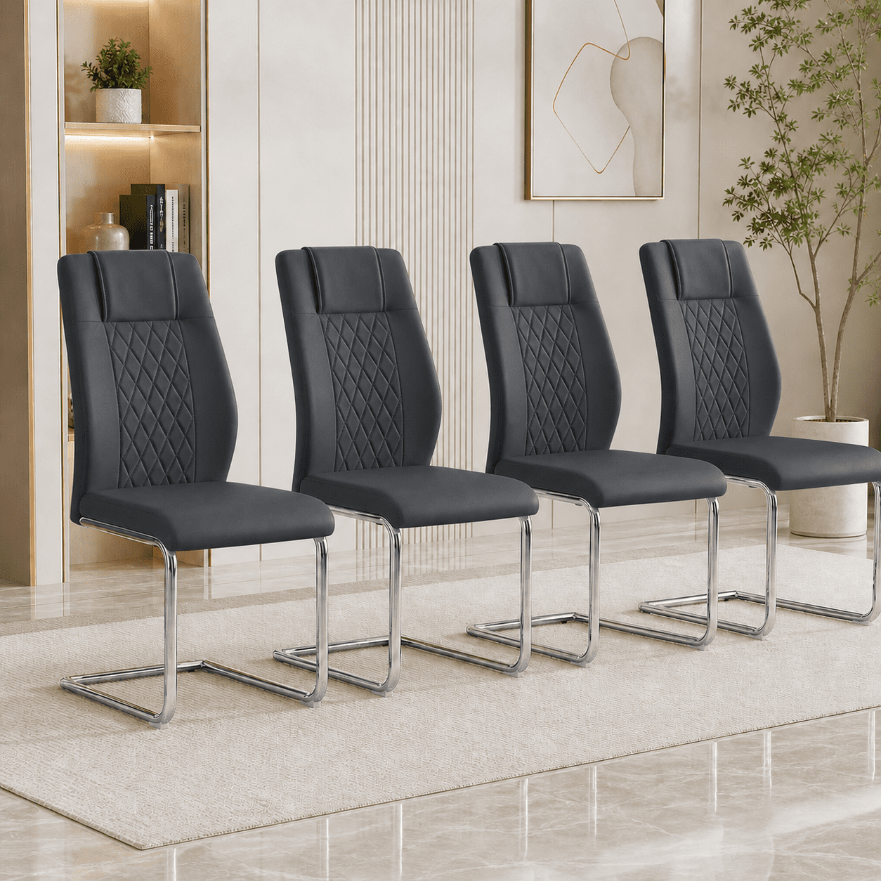 JUFU Modern Black Dining Chairs Set of 4, Faux Leather High Back with Chrome Legs