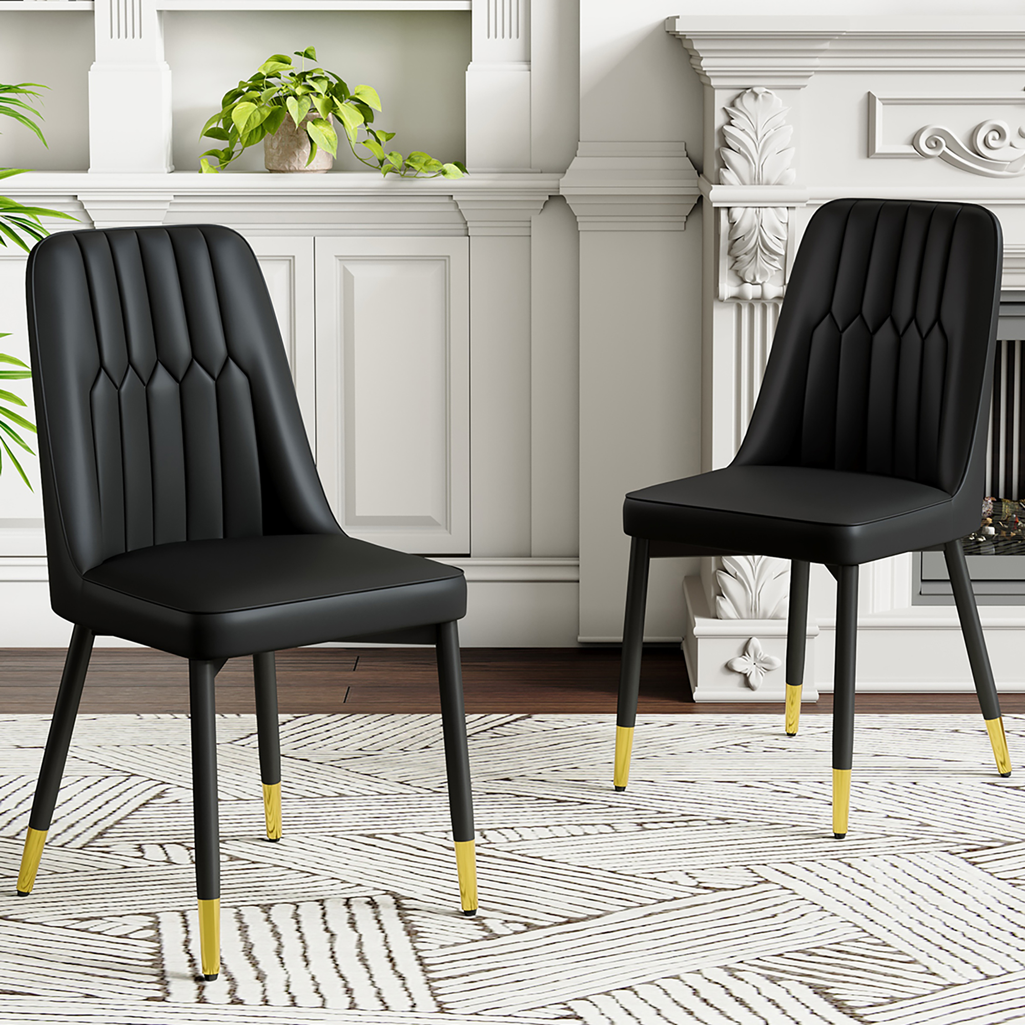 JUFU Modern Dining Chairs Set of 2, Black Faux Leather Upholstered ...