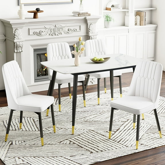 JUFU Modern Dining Chairs, Set of 4, Upholstered Kitchen Chairs Mid Century Armless Faux Leather Chairs(White)