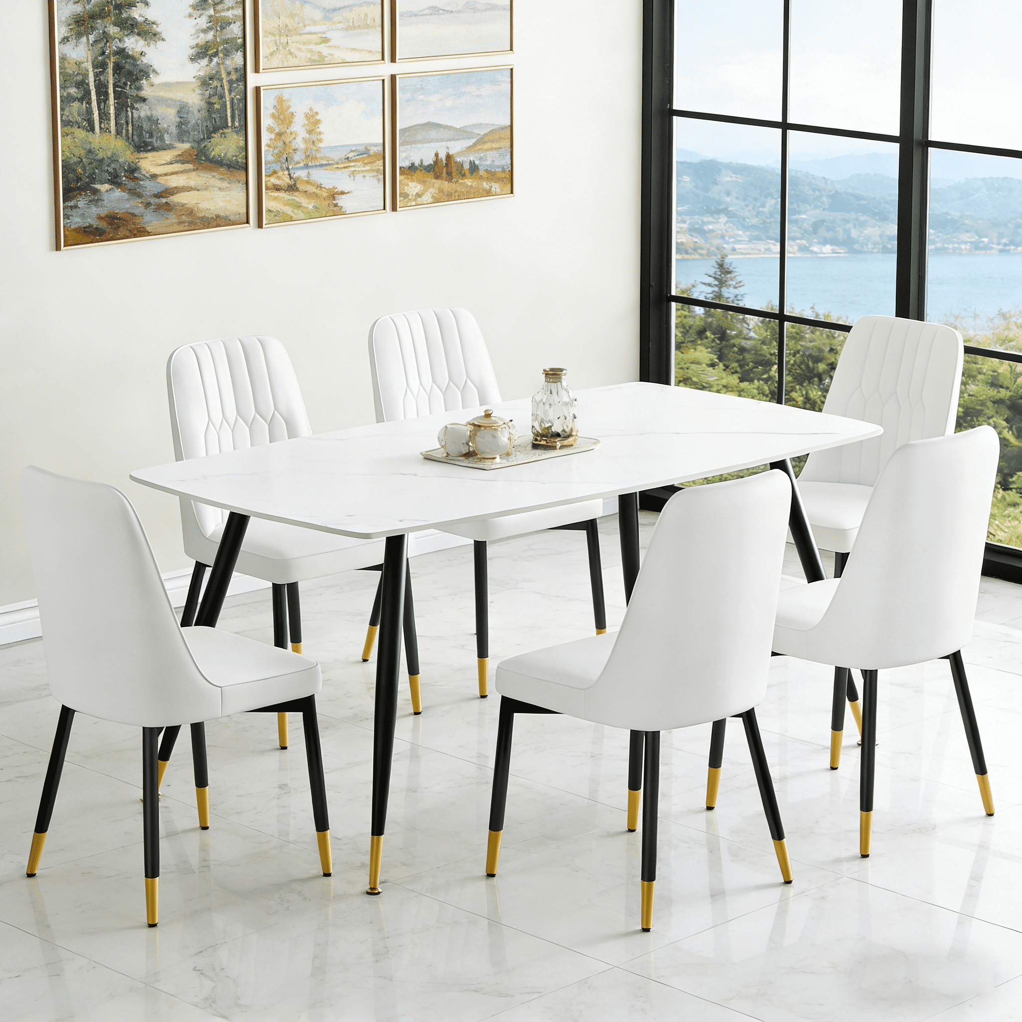 JUFU Modern Dining Chairs Set of 6, White Faux Leather Upholstered with ...