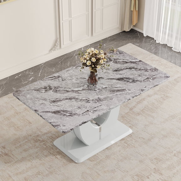 JUFU Modern Dining Table for 6, 63'' Faux Marble Table with MDF Gray Tabletop, Easy Assembly Kitchen and Dining Room Table with Durable Frame, Scratch and Heat Resistant, Ideal for Dining Room