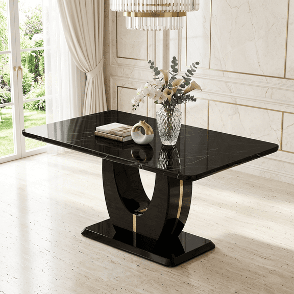 JUFU Modern Dining Table for 6 , 63'' Faux Marble Table with MDF Marble Tabletop, Easy Assembly Kitchen and Dining Room Table with Durable Frame, Scratch and Heat Resistant, Ideal for Dining Room